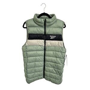 NEW Reebok Puffer Vest Mens Medium Sage Green Nylon Full Zip Jacket Pockets